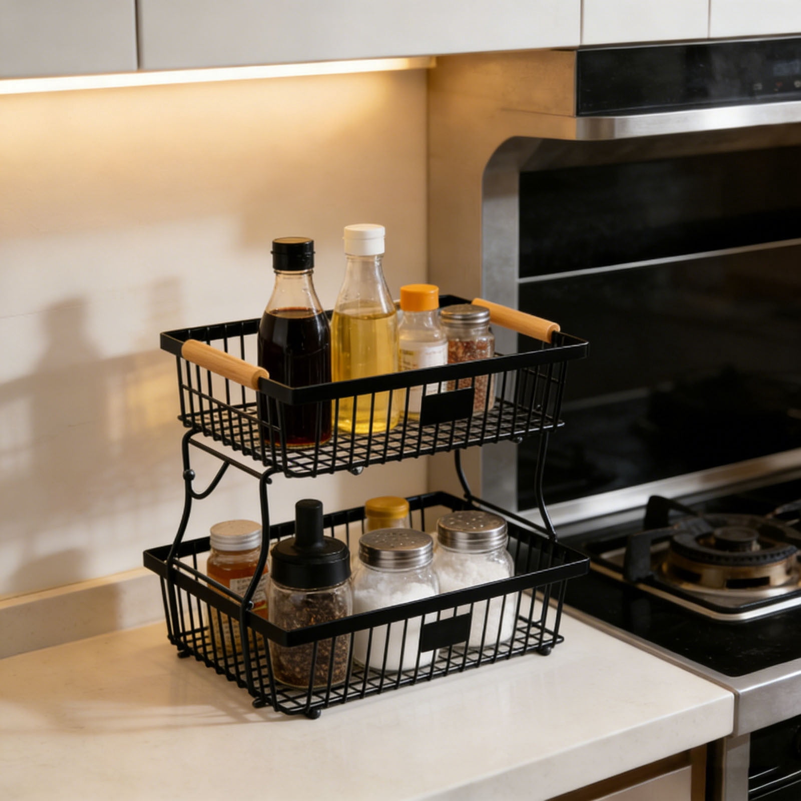 2 Tier Countertop Fruit Basket Bowl for Kitchen, Detachable Metal Organizer for Bread Vegetable Fruits with Wooden Handle, Large Capacity Storage Basket for Bread Snack Veggies Produce