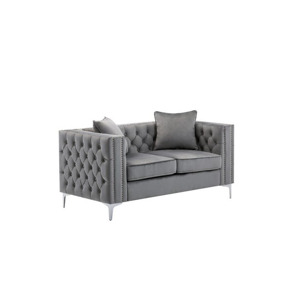 LILOLA Lorreto Gray Button Tufted Velvet Fabric Glam Loveseat