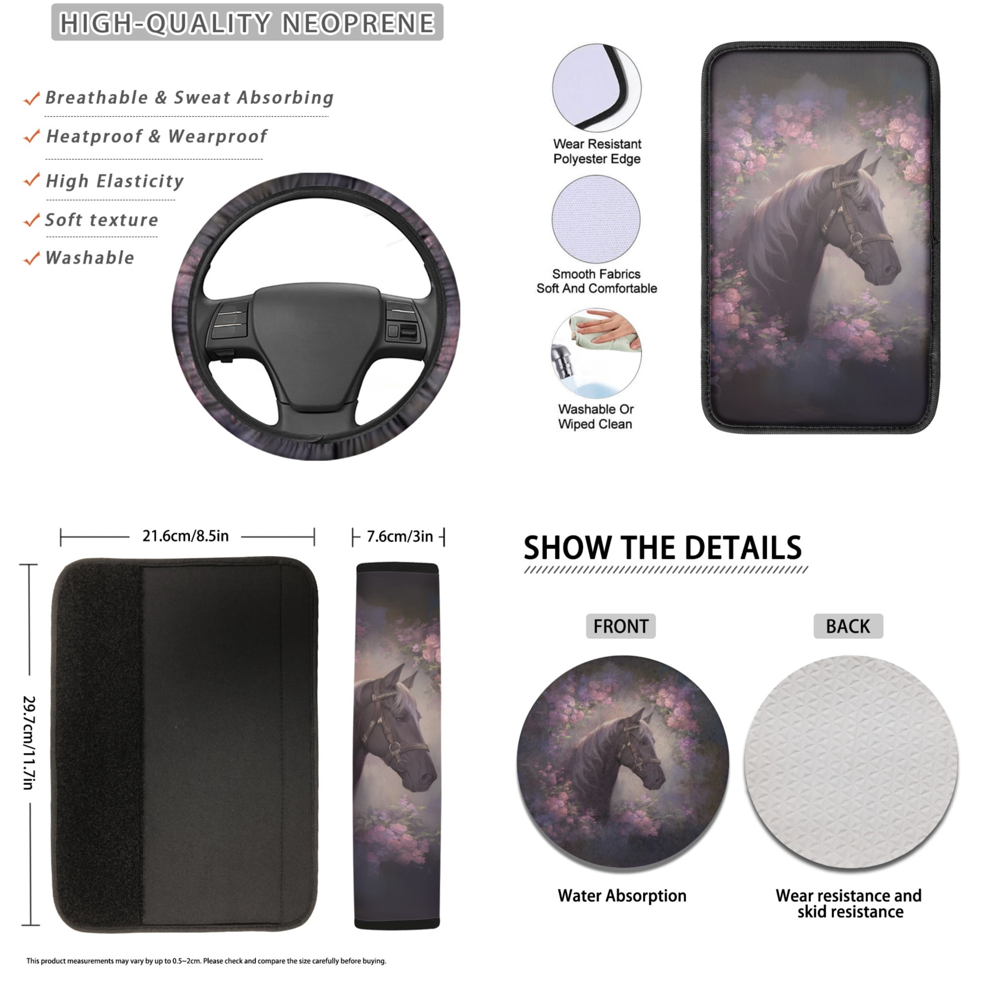 Tutolipy 16 Piece Car Interior Accessories Sets, Horse Flower Print Car Front and Back Seat Cover with Steering Wheel Cover Car Arm Rest Cover Seat Belt Pads Car Headrest Cover Coaster