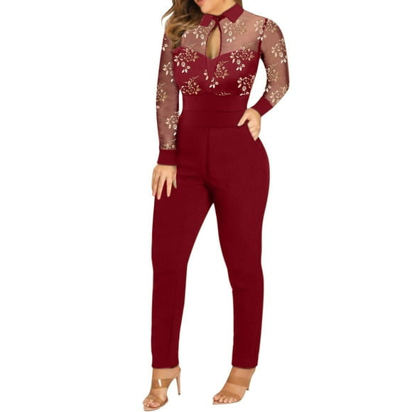 Wyzesi Women's Jumpsuits Rompers Women's Fashion Lapelneck Shiny Bronzing Mesh Rompers Long Sleeve Splice Zipper Long Jumpsuit White Jumpsuit Woman Bodycon Womens Jumpsuits Dressy