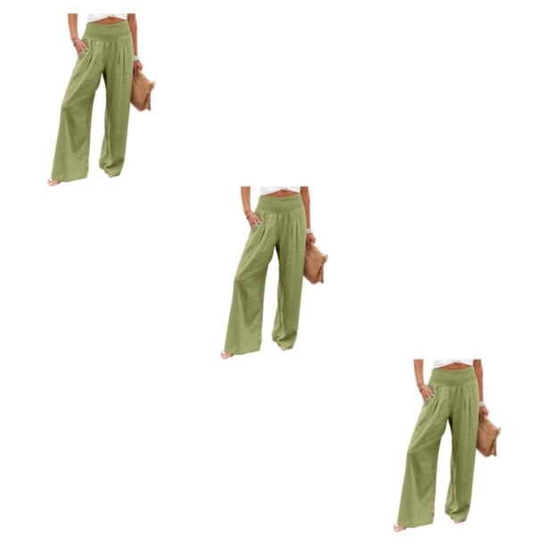Minnieouse Pantalones de verano para mujer Color sólido Suelto Casual Pierna ancha Cintura alta Elástico Vintage De moda para Amarillo Verde S Type1 NO1