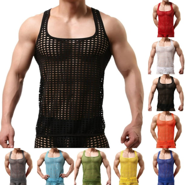 Penkiiy Top de malla para hombres Fishnet Tank Tops Muscle Rave sin mangas Ver a través de las camisas