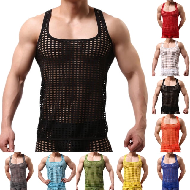 Penkiiy Mesh Top for Men Fishnet Tank Tops Sleeveless Muscle Rave See Through Shirts L Dark Blue