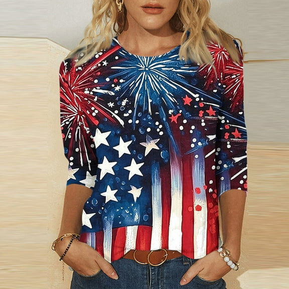 Cavosen American Flag T Shirts Women Petite Independence Day 3/4 Sleeve Crew Neck Shirts USA Flag Graphic Tops Lady XL 4th of July Casual T Shirts Red White and Blue Tunic Tees Patriotic Outfits