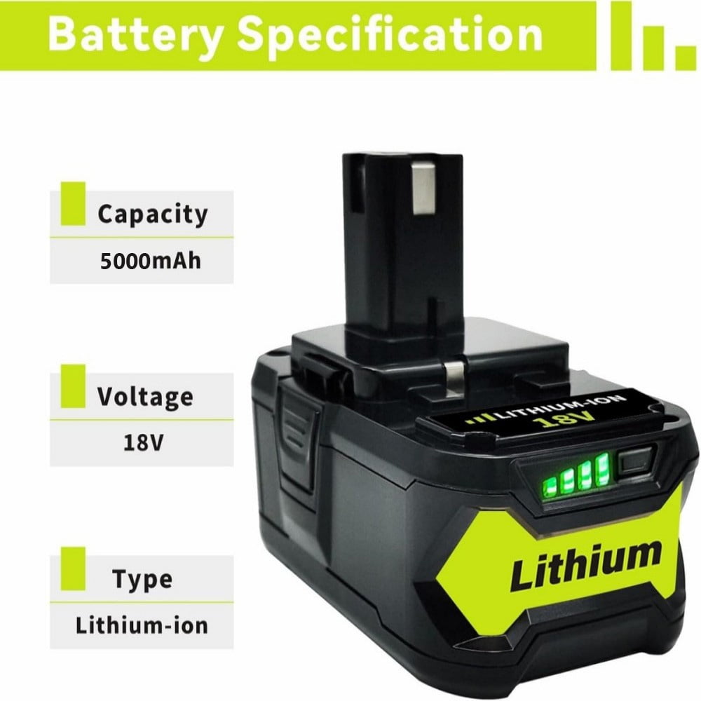 5.0Ah Repacement for Ryobi 18V Battery with P117B Charger Compatible with Ryobi Battery 18V P102 P103 P104 P105 P107 P108 P109 Battery & Charger Kit With USB Port