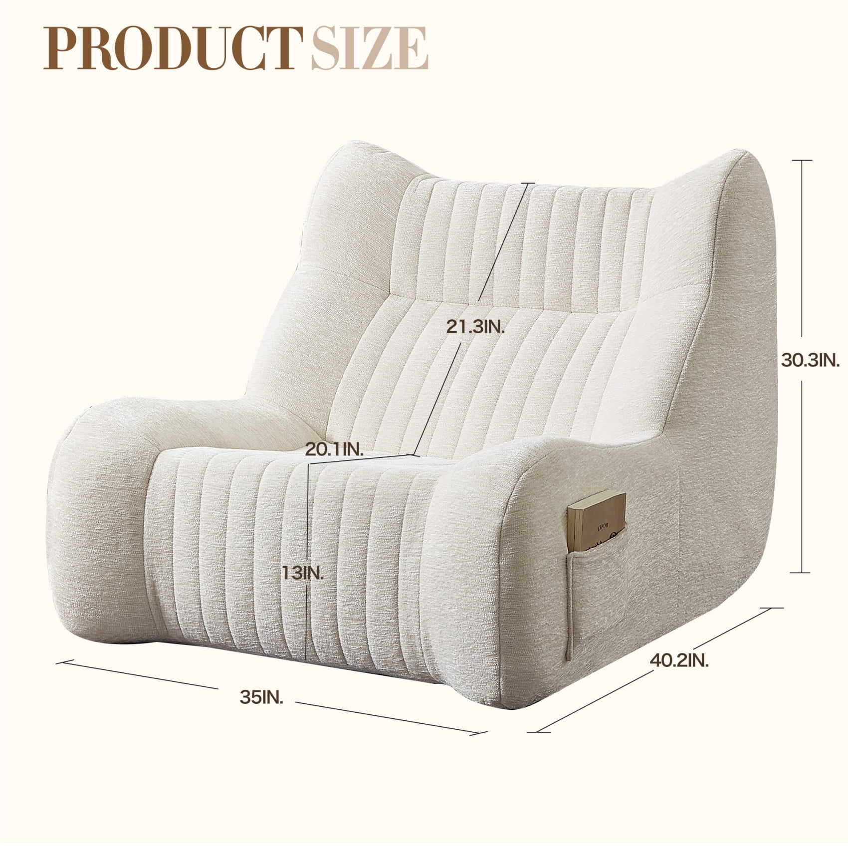 Giant Bean Bag Chairs for Adults, Chenille Lazy Floor Sofa with 21-inch High Backrests and Side Pocket, Cozy Accent Lounge Chair for Living Room, White