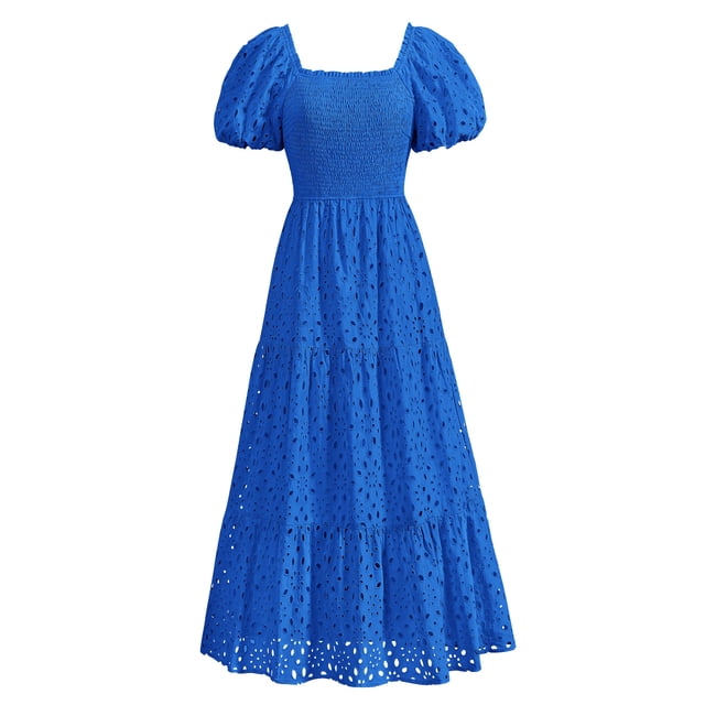 Vestido de verano PRETTYGARDEN 2025 con ojales y cuello cuadrado y manga abullonada