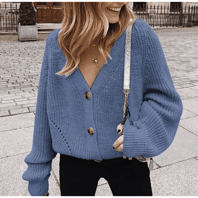 Women's V Neckline Button Down Knitwear Lantern Sleeve Basic Knit Cardigan Sweater Tops