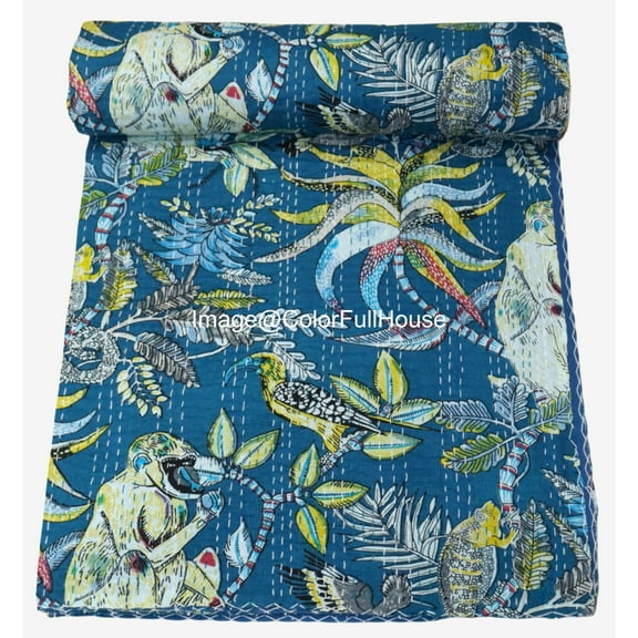 Indian Handmade Monkey Print Kantha Quilt,Village Gudri,Bedsheet, Bedspread, Traditional Indian Throw Blanket Size ( Double 90" x 108")