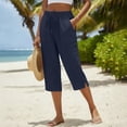 thumbnail image 5 of Ticikt Women’s Lightweight Textured Linen Cropped Capris, Elastic Waist With Pockets Pants for Summer Beach Casual Daily,Navy, 5 of 7