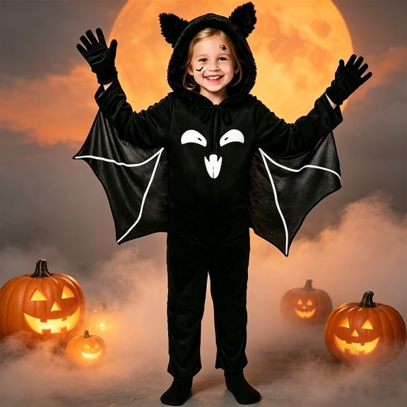 Ruyang 2 Piece Kids Bat Hooded Jumpsuit Bat Wing Long Sleeve Bodysuits Fall Plush Warm Halloween Clothes for Boys Girls