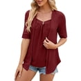 thumbnail image 1 of SZXZYGS Womens T Shirts Pack Cotton Women's Solid Color Square Patchwork Button Mid Sleeve T Shirt 2024 Summer, 1 of 5