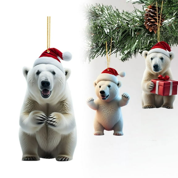 Clearance! Christmas Bear with Santa Hat Decor Acrylic Xmas Christmas Decorations for Tree 2D Flat Hanging Pendant Santa for Tiny Christmas Tree Funny New Year Christmas Tree Orna