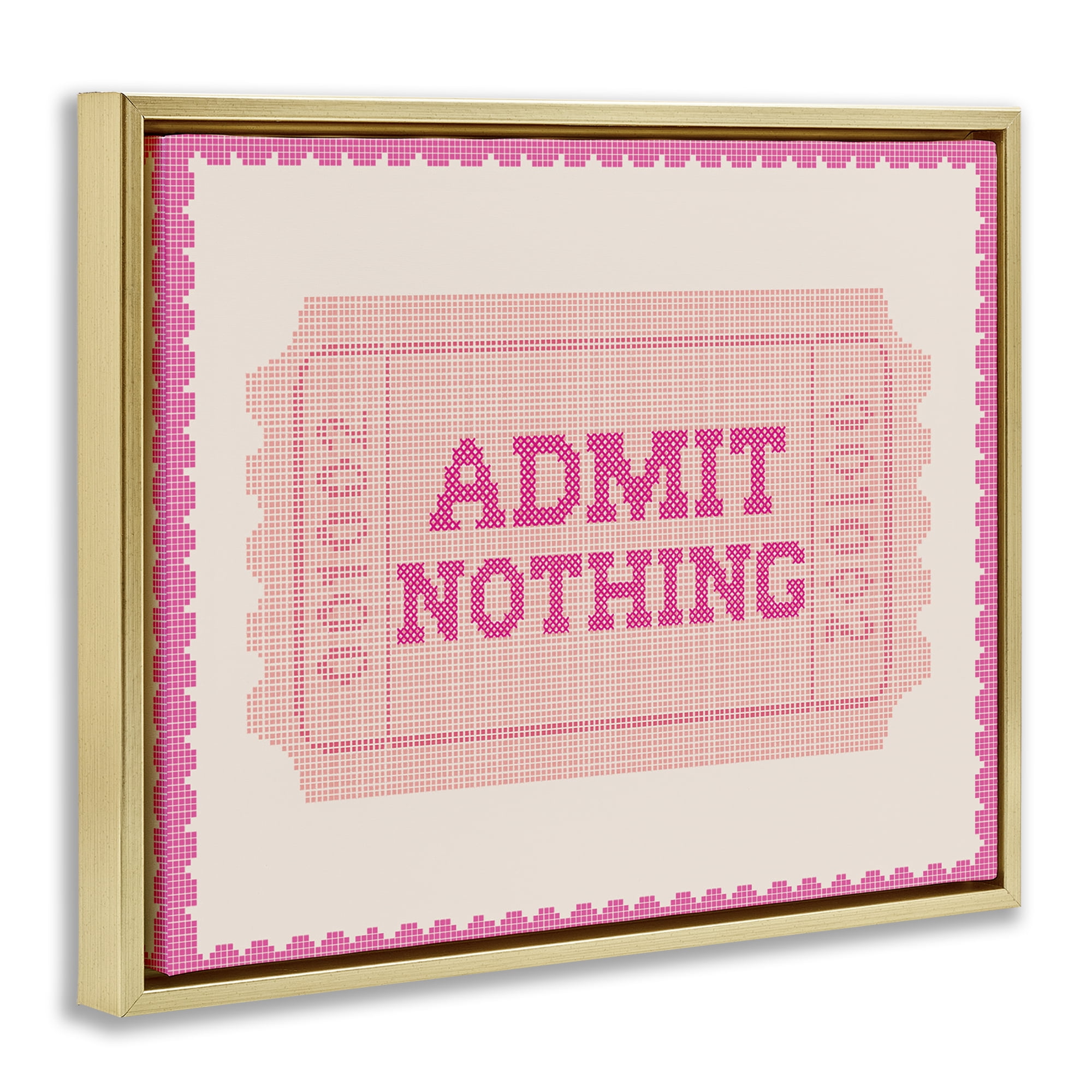 Stupell Industries Admit Nothing Retro Pink Ticket Gold Framed Floater Canvas Wall Art, design by Lil' Rue