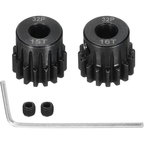 PinesC 2Pcs 32P Steel Pinion Gear Set 15T 16T for 5mm Shaft Hardened Steel Pinion Gear with Screws and Hexagonal Wrench for RC
