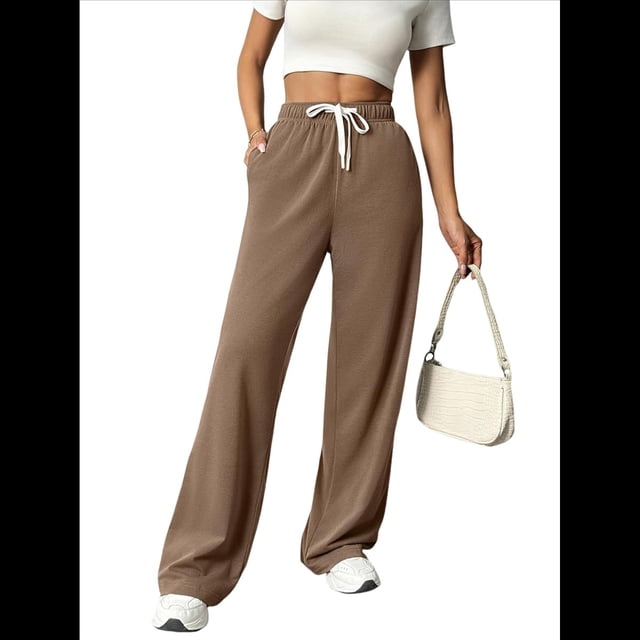 Pantalones Deportivos Holgados de Cintura Alta con Cordón Ajustable para Mujer, Pantalones Deportivos de Pierna y Bolsillos Marrón L