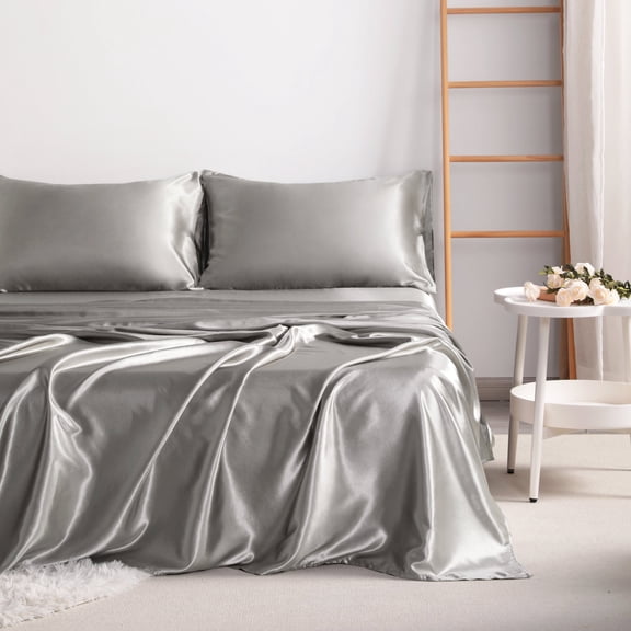Lorviah 3 Piece Satin Sheet Set Twin Size - Silky Soft Cooling Bedding - Includes Deep Pocket Fitted Sheet, Flat Sheet & Pillowcase - Gray