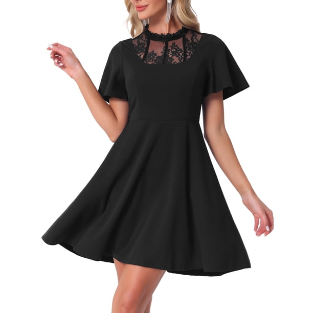 Vestido Midi Informal con Cuello Alto y Malla de Encaje Mangas Alborotadas para Mujer Negro M