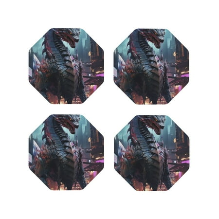 

Fuzoiu Urban Mechanical Dragon Print Leather Coasters Set Drink Coasters Set of 4 for Tabletop Protection Durable PVC Coasters Home Décor and Housewarming Gift-Octagon