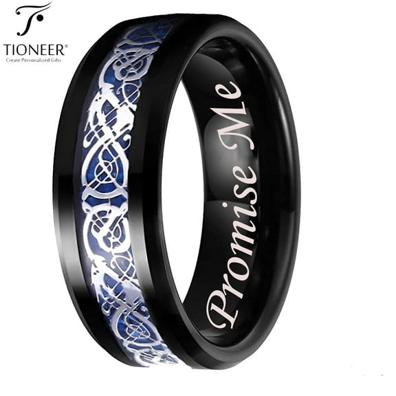 Tioneer Tungsten Carbide Wedding Band Ring Celtic Dragon Blue Carbon Fiber Inlay 8MM Promise Me Engraved