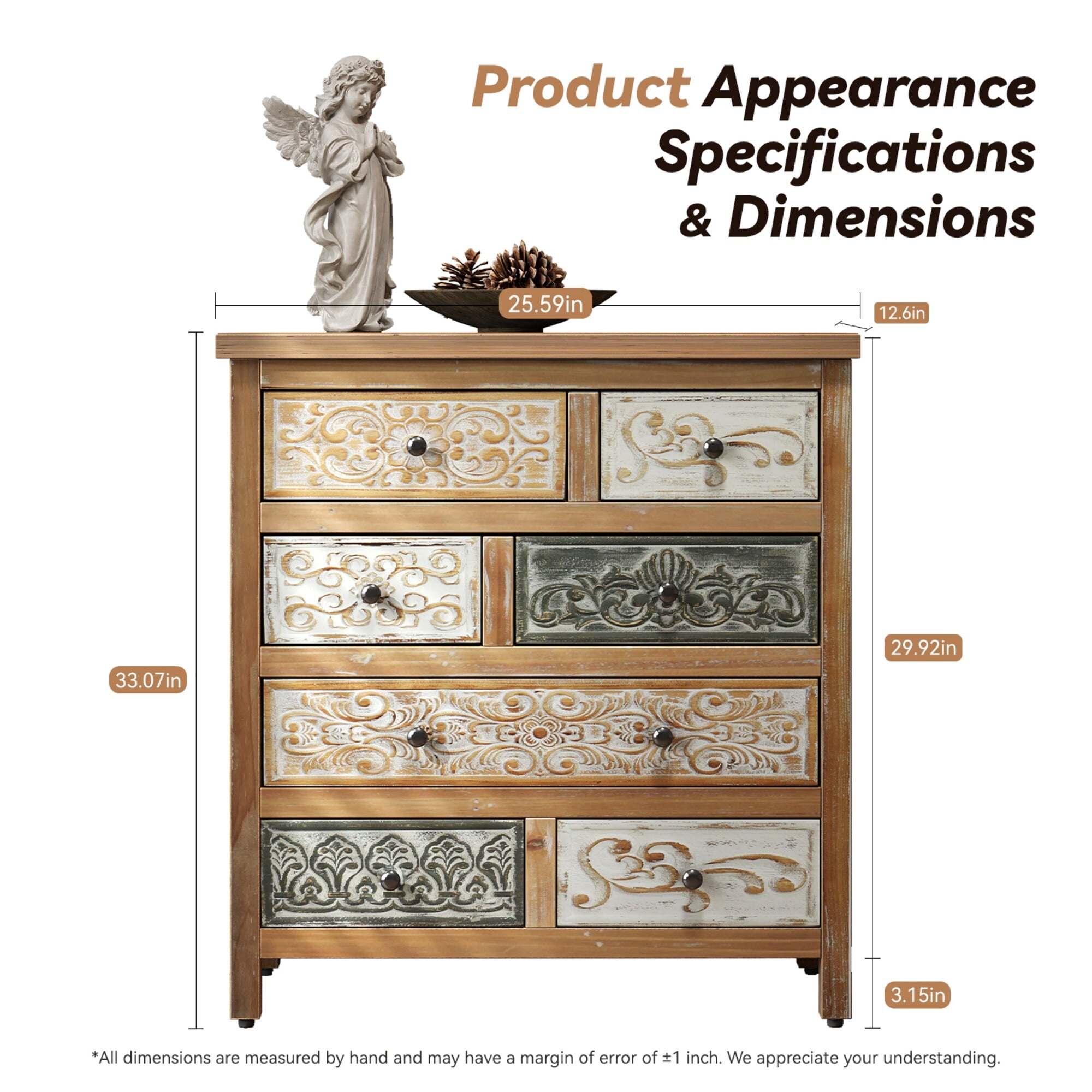 AENKYO Vintage 7-Drawer Dresser, Carved Wood Storage Chest, Distressed Finish for Bedroom & Living Room Farmhouse Decor