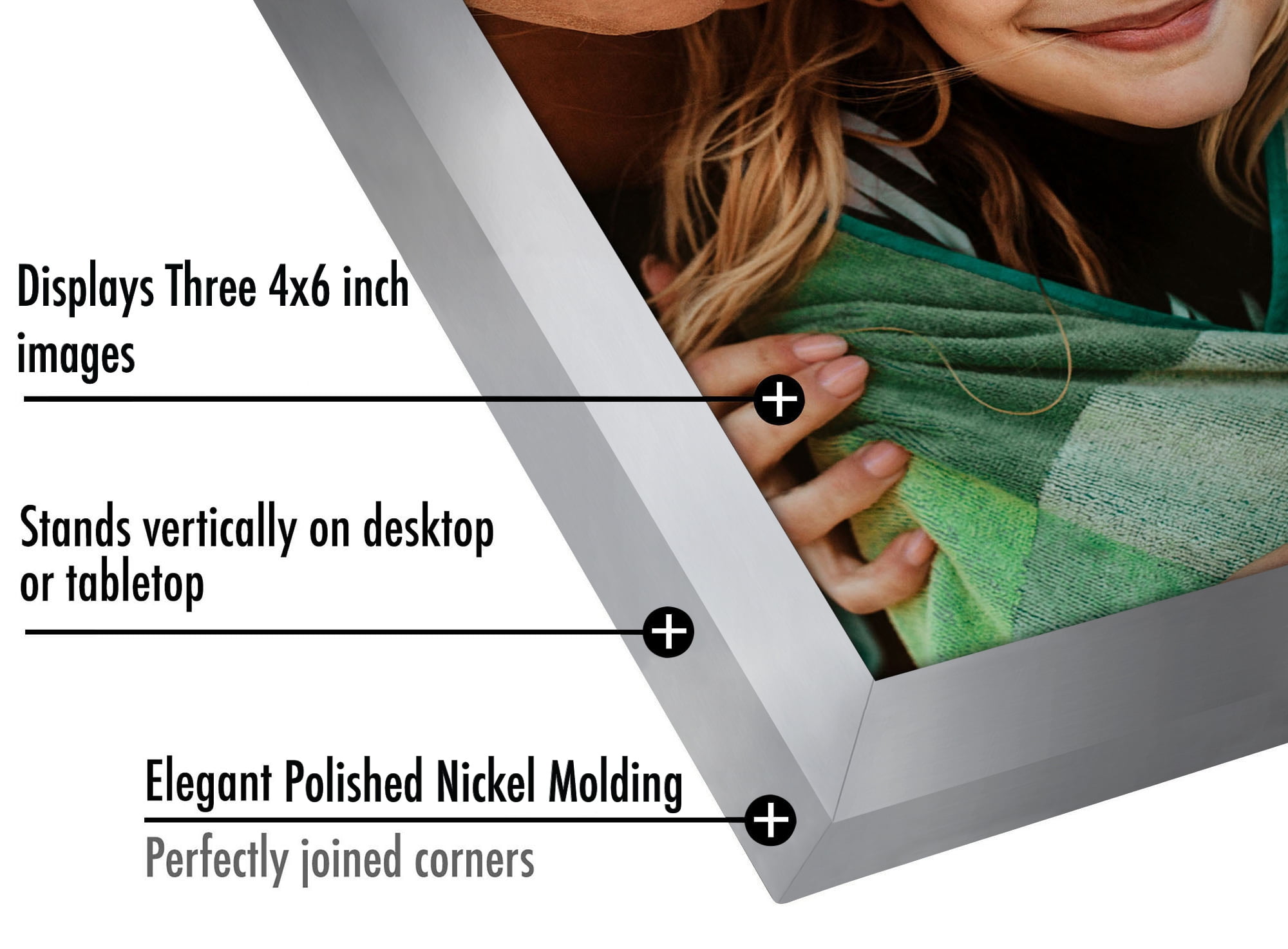 Americanflat Hinged 3 Photo Frame in Nickel Color MDF - Desk Photo Frame for 4X6" Photos - Tri Folding Picture Frame For Desk - Displays 3 Photos with Shatter-Resistant Glass Covers