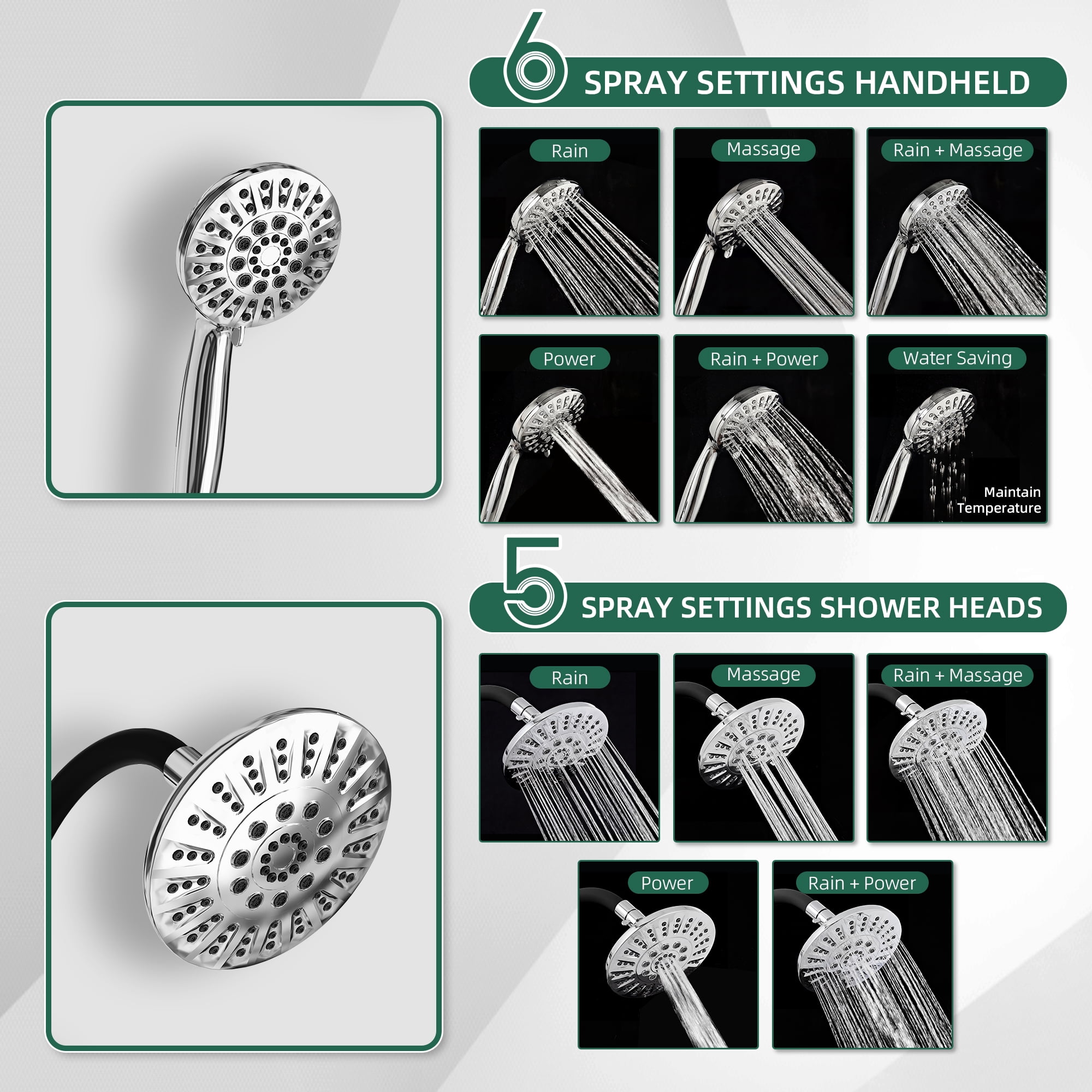 Akicon Rain Shower Head with Handheld Spray Combo, 6-Setting High Pressure Dual Shower Head with Bendable Goose Neck Shower Arm, Rainfall Showerhead System for Bathroom