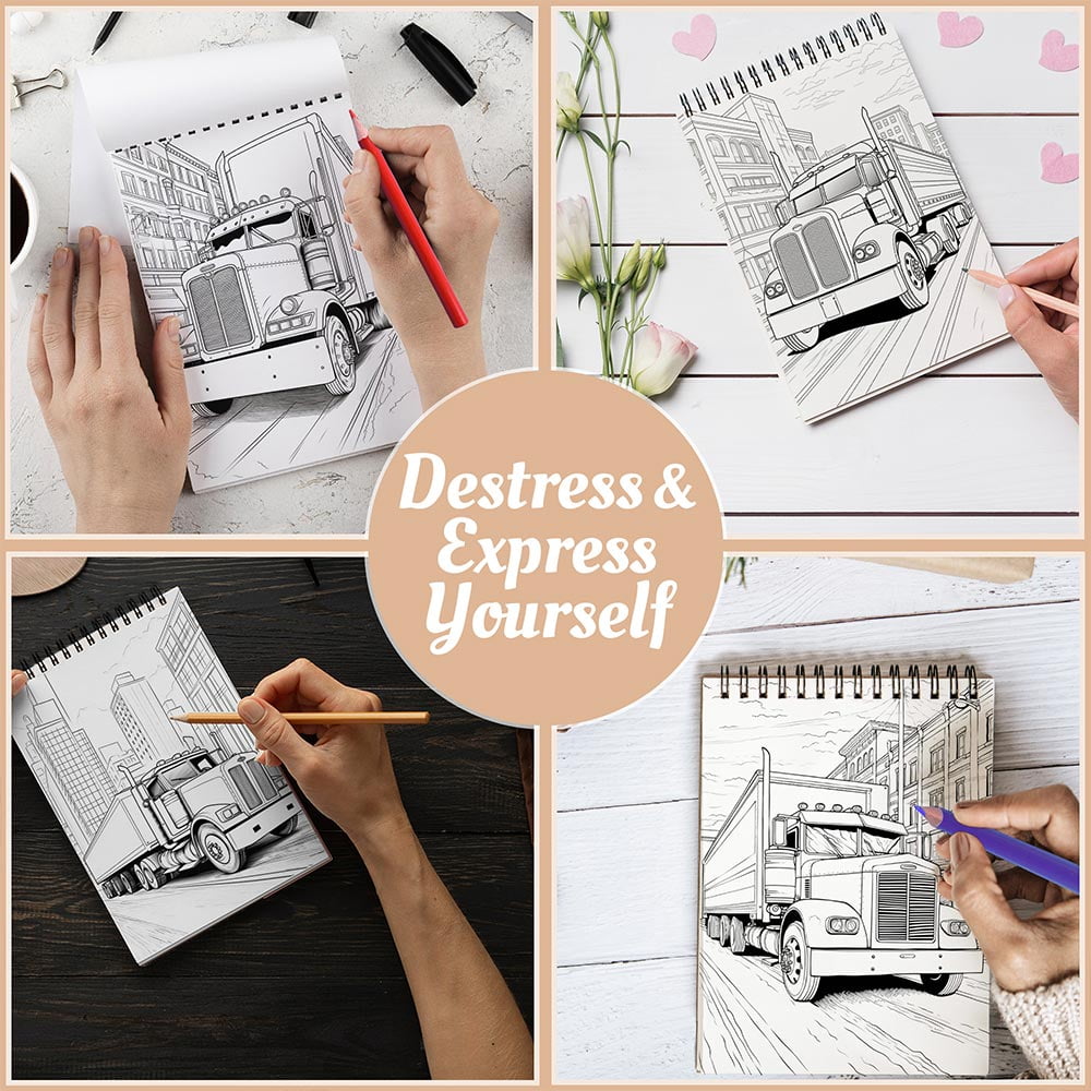 Semi Truck Coloring Book Spiral Bound For Adults, A5 Wooden Cover, 30 Stunning Coloring Pages of Heavy Duty Trucks for Stress Relief and Relaxation