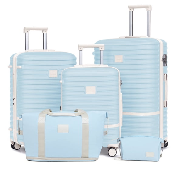 Joyway - Ensembles de Bagages 5 Pcs ABS Rigide à Roulettes Pivotantes - (Valise Extensible 20 Pouces24 Pouces) Bagage Enregistré 28 Po - Bleu Pâle
