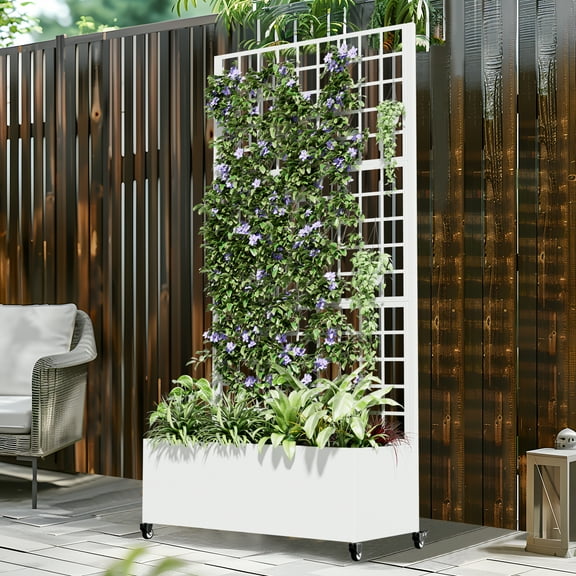 MAYEERTY 72"x35" Outdoor Planter Box with Trellises, Metal Raise Garden Bed for Vine Climbing Plants, White