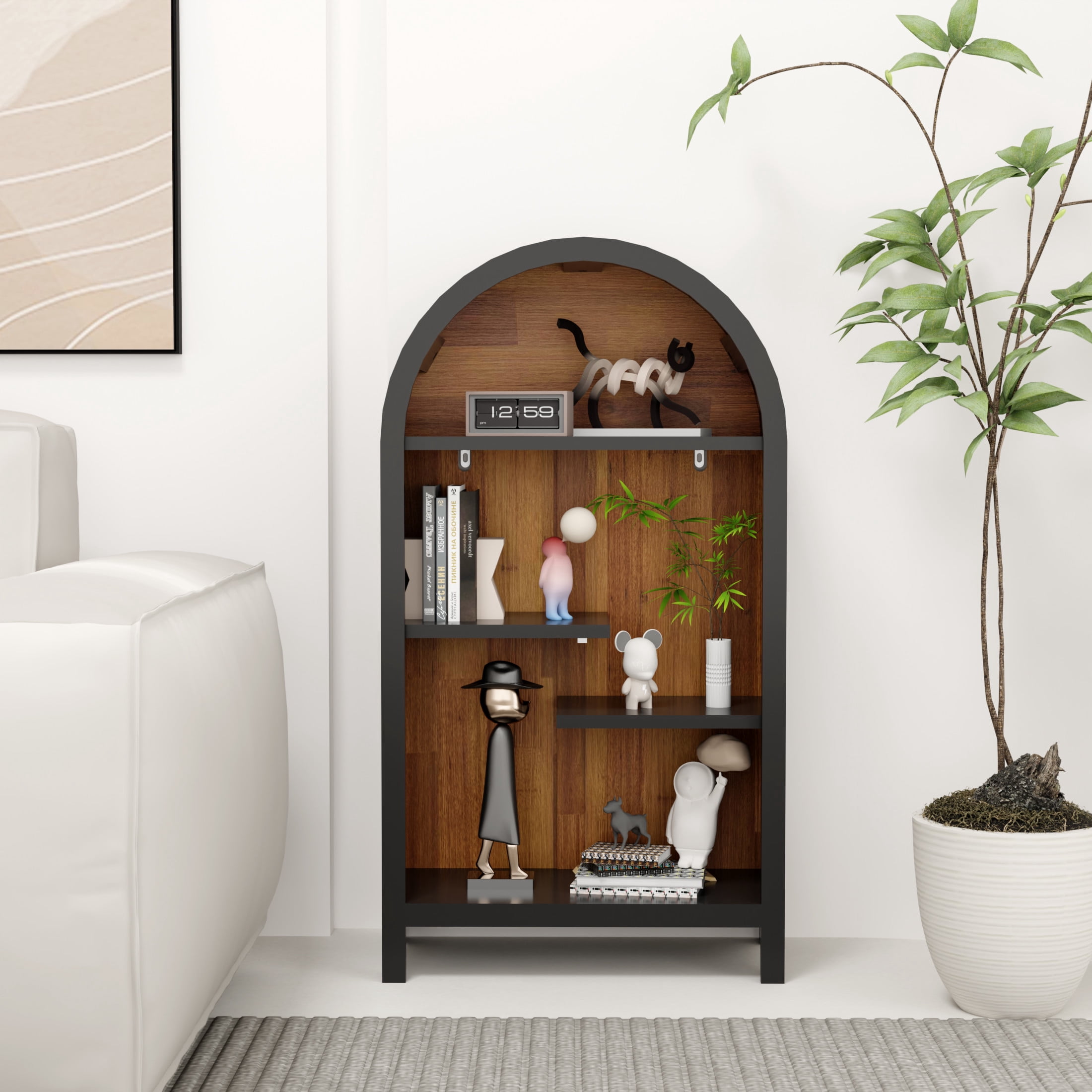 Noble House 4-Tier Arched Top Display Cabinet, Freestanding Accent Display Rack, Black