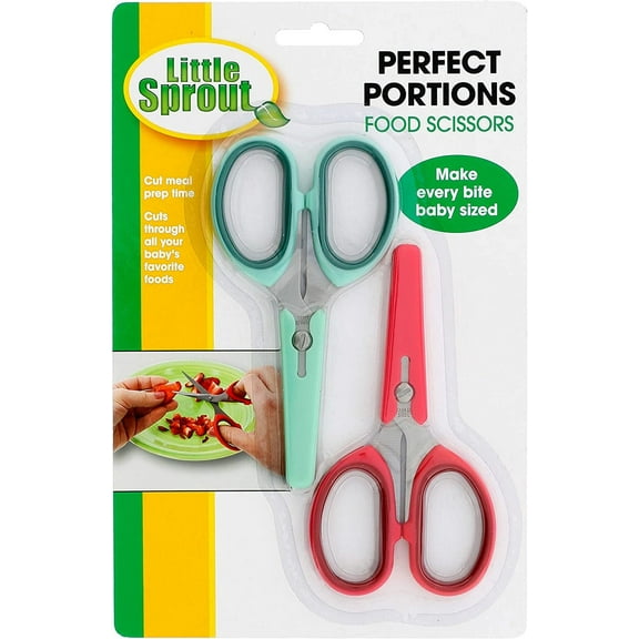 Baby Food Scissors 2 Pack w Covers- Parent Must-Have Safety Stainless Steel Shears to Make Every Bite Baby Sized and Safe- Portable For Babies & Toddlers Feeding (Meats, Fruits, and Vegetables)