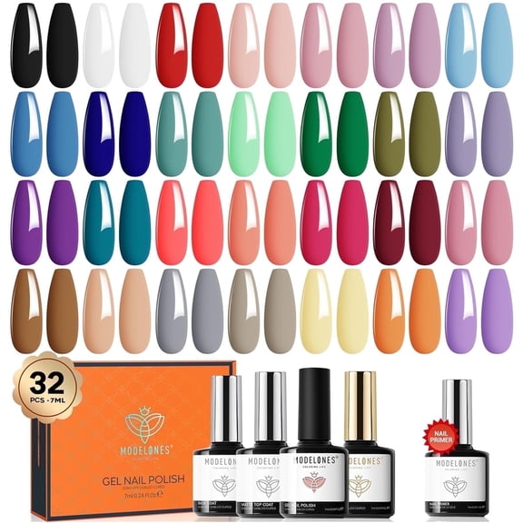 Modelones 32 PCS Gel Nail Polish Set, 28 Colors Fall Winter Gel Polish with No Wipe Base Coat, Glossy & Matte Top Coat and Nail Primer ,Nail Art Kit Salon at Home