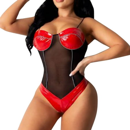 

Women Lingerie Leather Teddy Bodysuit Lingerie Cutout Neck Lace Up Sleepwear Nightwear With Thong Set Lingerie Nightwear Chemise Nightie