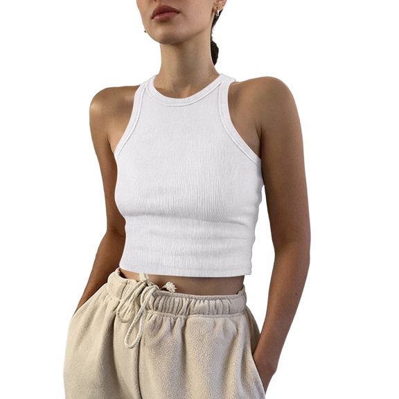 JULMCOMO Ribbed Knit Tank Tops for Women Crew Neck Solid Casual Summer Cropped Tank Tops Slim Fit Sleeveless Trendy Comfy Shirts White M