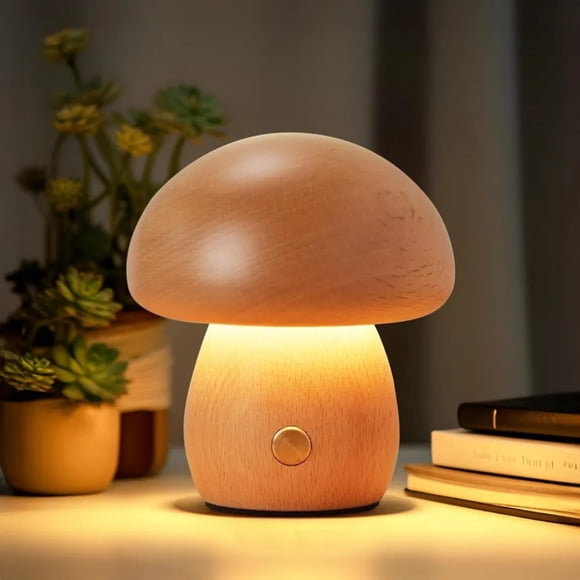 Wadan Lampe Champignon en Bois Rechargeable – Veilleuse Portable à Intensité Réglable et Cadeau Unique