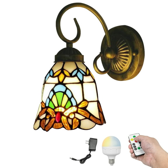 Kiven Battery Operated Wall Sconces, Tiffany Style Wall Lights with Rechargeable LED bulb and Glass Shade,Dimmable Wall Lighting Fixtures for Painting Bedroom Hallway（1 Light）