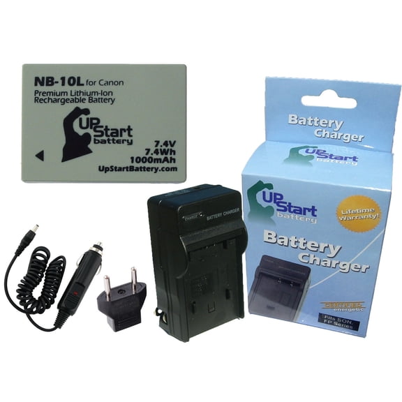 Canon SX50 Battery and Charger with Car Plug and EU Adapter - Replacement for Canon NB-10L Digital Camera Batteries and Chargers (1000mAh, 7.4V Lithium-Ion)