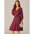 thumbnail image 2 of DARING DIVA V Neck Long Sleeve Tie Waist Pleated A-Line Midi Dress S Wine Red, 2 of 6