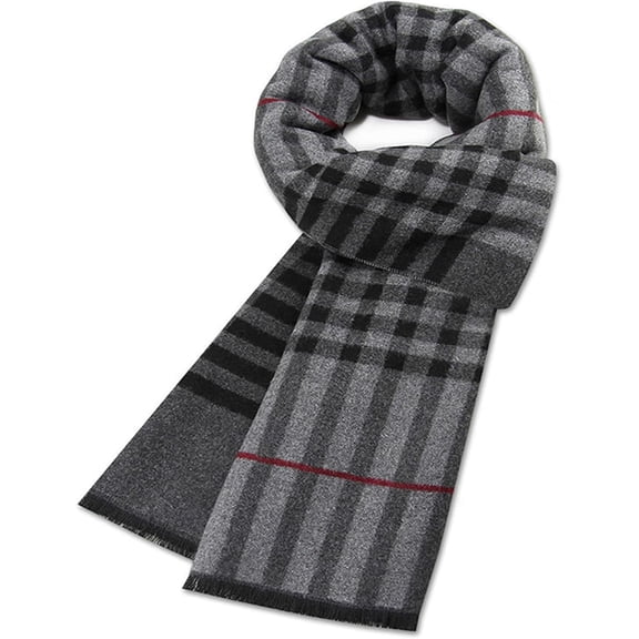Mens Winter Warm Long Soft Scarf Plaid Tassel Scarf for Men Soft Classic Cotton Blend Scarve 70.8"x11.8" Dark Gray