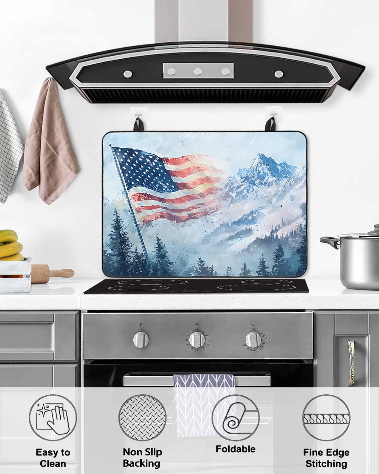 nqOlkjepod Large Induction Cooktop Protector Mat 24"x21", 4th of July Stove Top Covers for Electric Stove, Blue Mountain Forest Independence Day Stove Burner Cover Mats, Glass Top Stove Cover
