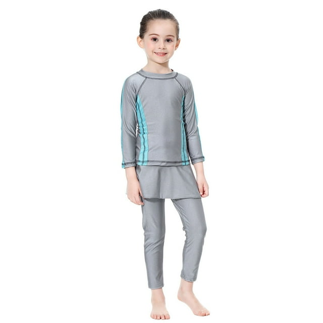 Ticikt Girls' 2 Piece Swimsuit Set Long Sleeve Long Pants Rashguard Set Sun Protection Swimdress 2026 Fashion,Color:Grey,4-5 Years
