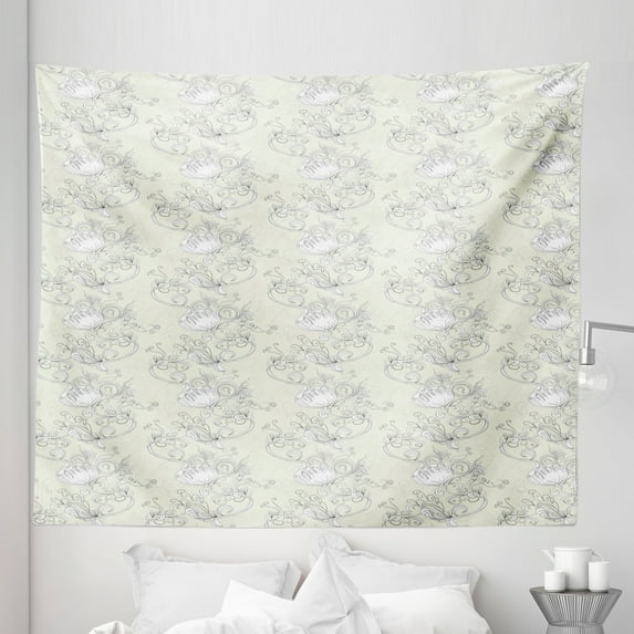 Art Nouveau Tapestry, Curved Romantic Bridal Branches Growth Feng Shui Bouquet Antique Classic, Fabric Wall Hanging Decor for Bedroom Living Room Dorm, 5 Sizes, Ivory and White, by Ambesonne