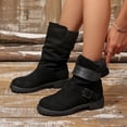 thumbnail image 5 of Women Buckle Strap Ruched Mid Calf Boots Faux Suede Solid Color Round Toe Block Mid Heel Winter Casual Boots Indoor Outdoor Daily Wear US Size 5 To 9 Black, 5 of 8