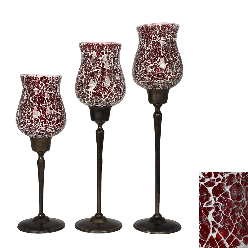 Graceful 3 Piece Red Mosaic Glass Candle Holders