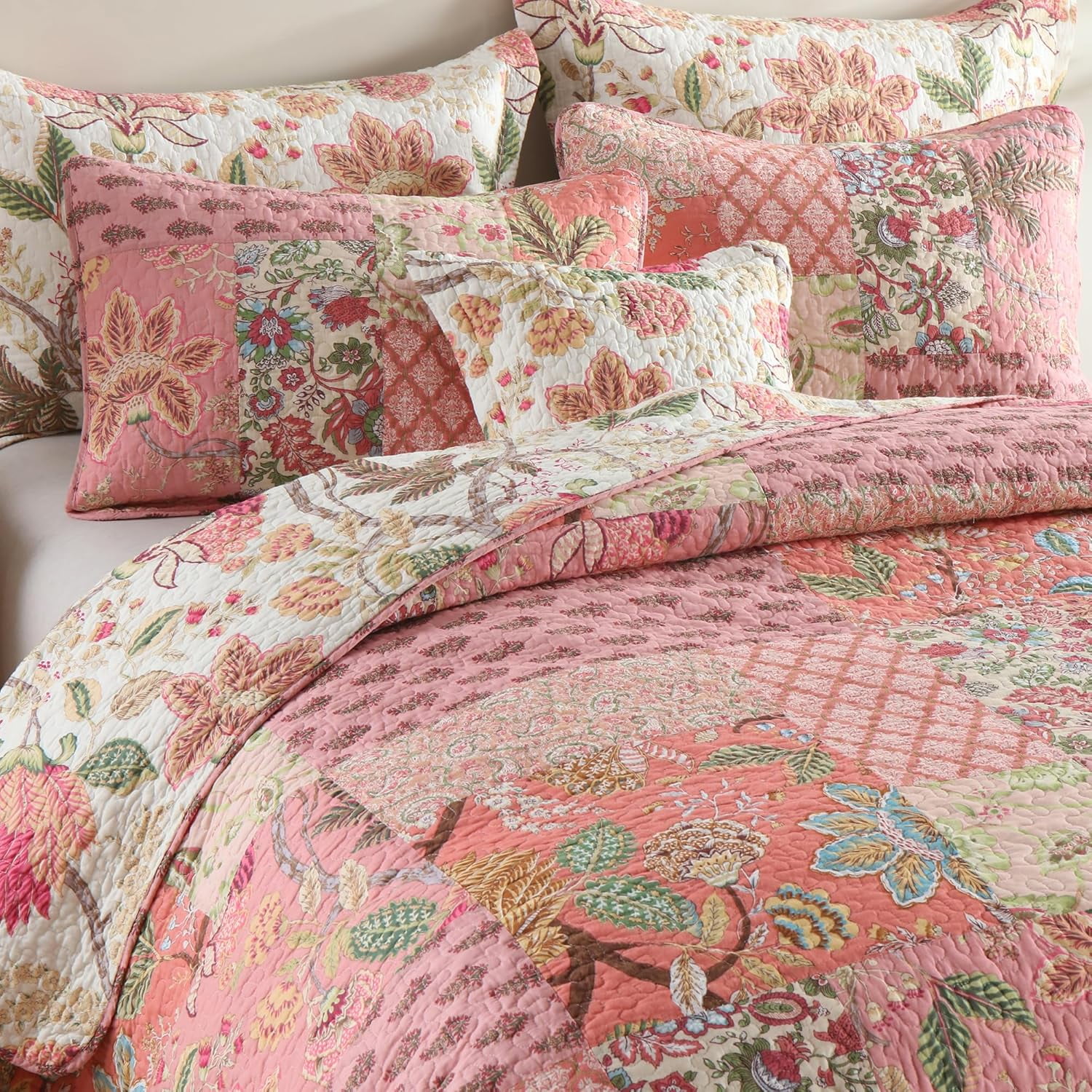 Nordmiex Patchwork Cotton Quilt Set Bohemian Pink Floral Bedding Set, California King