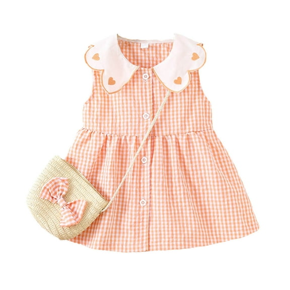Zwiiyzr 2025 6M-3Y Infant Toddler Baby Girls Dress Trendy Cute Sleeveless Sweet Heart Print Dress Bag Set Orange
