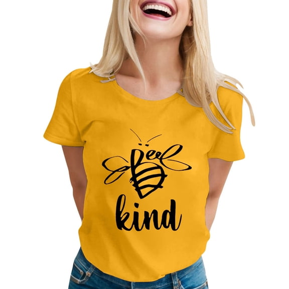 Alun Honeybee Kind T Shirts for Women Stylish Letter and Graphic Short Sleeve Tee Shirts Soft Comfort Fit Workout Casual Going out Tops for Everyday Wear Yellow XL