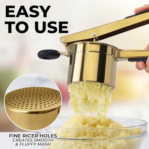 Large 15oz Potato Ricer, Heavy Duty Stainless Steel Potato Masher and Ricer for Mashed Potatoes, Mashed Potato Masher & Potato Press Gadget for Perfect Mashed Potatoes - Gold/Black