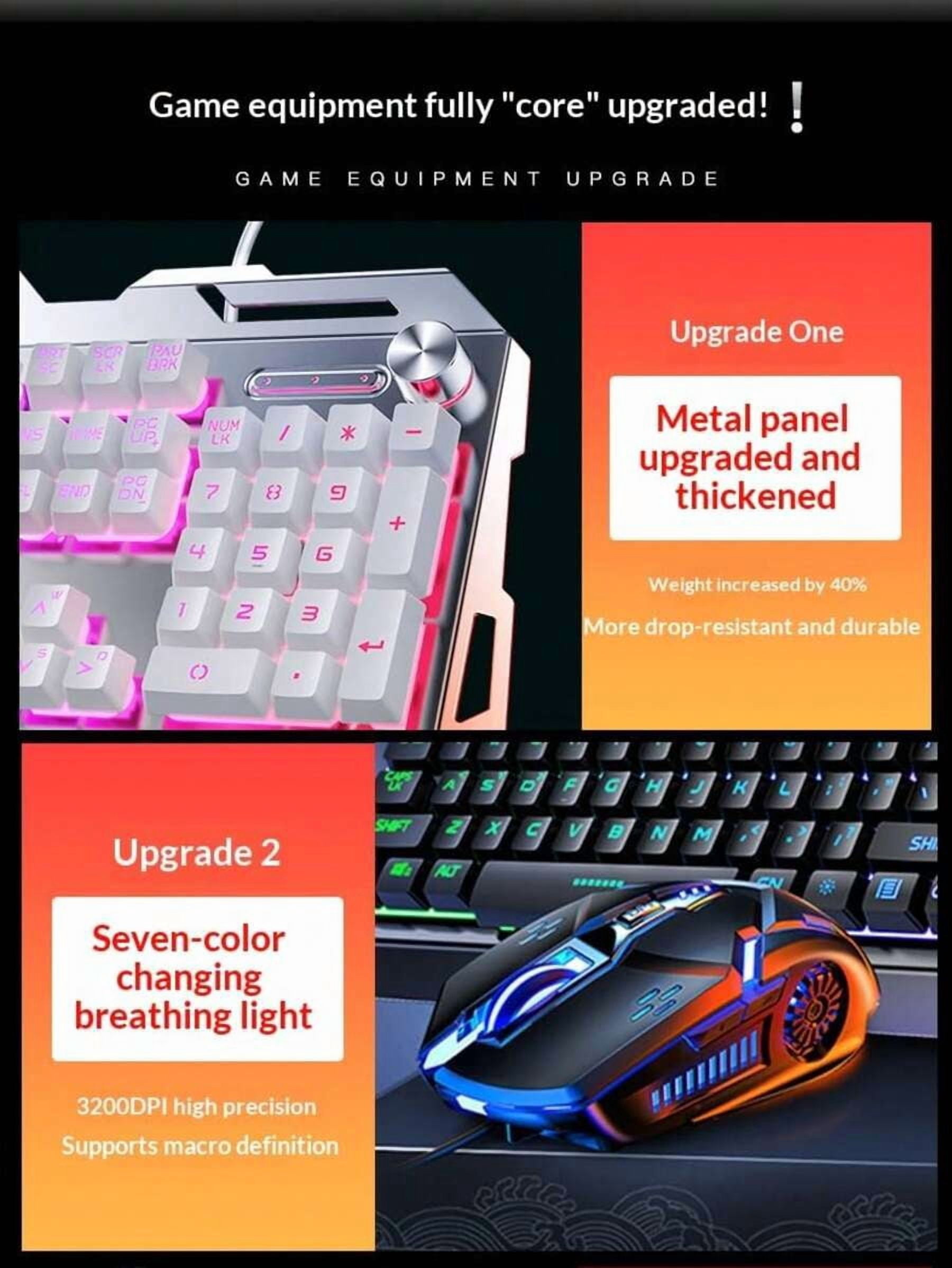 White Gaming Mechanical Keyboard, Blue LED Backlit, Multimedia Knob For Audio & Brightness, Heavy-Duty Metal Construction, Adjustable Knob